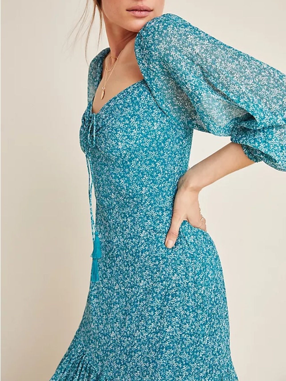 Anthropologie Ranna Gil Blishen Off Shoulder Dress in Teal Blue Floral Print